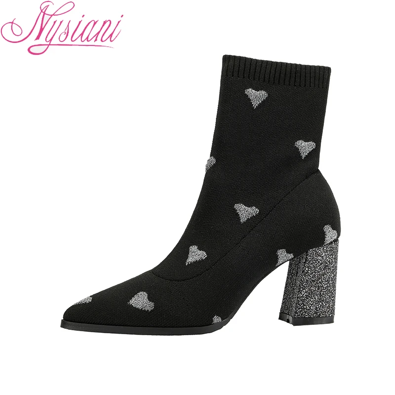 Cortas champagne Alto De Estrecha Corazón 2018 Invierno Nysiani Sexis Forma Con Punta Punto Botas Tacón Mujer Tela Tobillo Black Grueso Elástica Para Tejido tUwqtfB