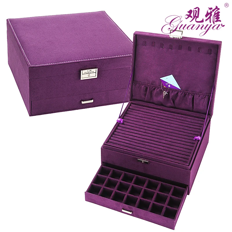 

Guanya Red Pink Purple Case Velvet Wood Boxes Hot Sale Fashion Large Drawer jewelry Display Organizer Storage Carrying Cases Box