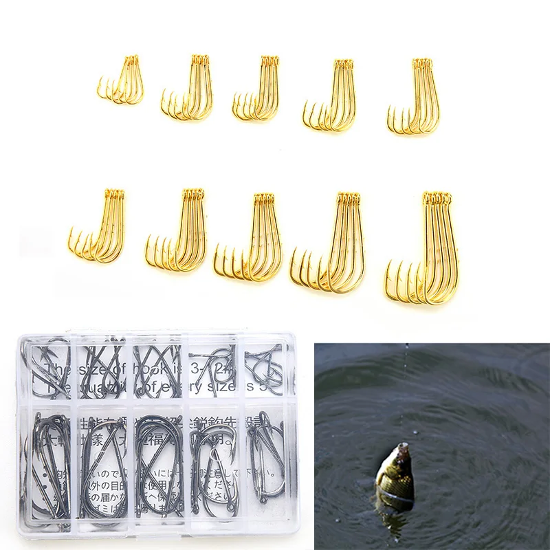 

Fishing Hook Bait Barb Fishhook Lure Tackle With Box Golden Black Fishing Hooks 50pcs 3#,4#,5#,6#,7#,8#,9#,10#,11#,12#