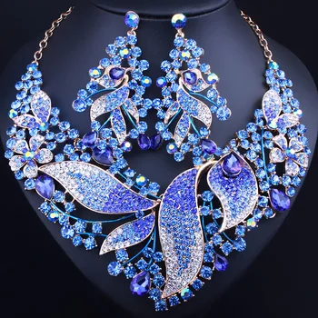 

African Beads Jewelry Full Crystal Rhinestones Leaf shaped Necklace Earrings set Luxury Bridal Jewelry sets