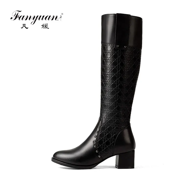 

Fanyuan Winter Knee High Leather Boots Women Top Quality Rivet Motocycle Boots Block Heels Warm Plush Ladies Long Boots Black
