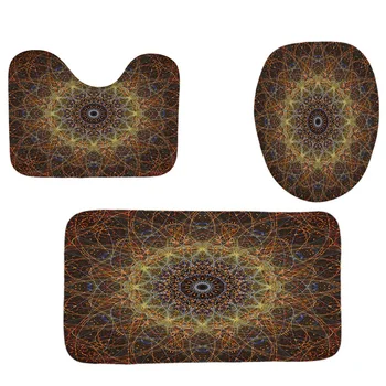 

4Pcs Home Bathroom Decor Set Mandala Line Pattern Toilet Seat Cover Bath Mat Set+ Waterproof Shower Curtain