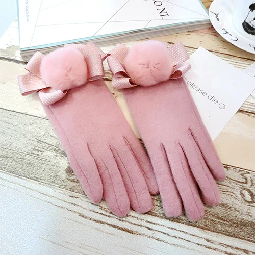 Зимние женские перчатки, милые элегантные шерстяные перчатки с бантиком и кроличьими помпонами, милые толстые теплые перчатки с сенсорным экраном, однотонные, розовые, серые, черные - Цвет: Pink