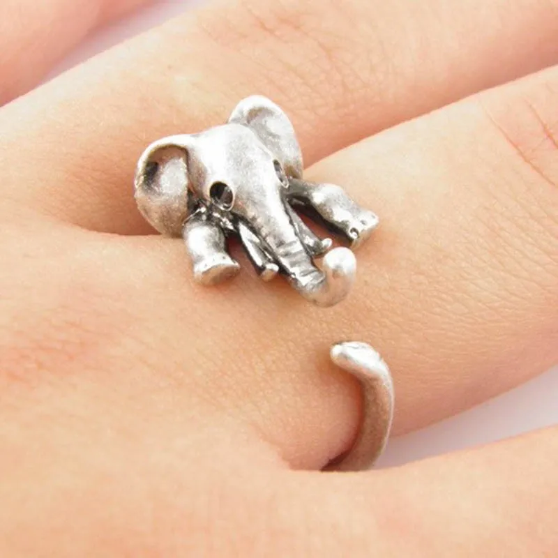

KUNIU 2017 New Fashion Retro Cute Antique Silver Animal Adjustable Open Ring Elephant Statement Wrap animal ring 3D animal ring