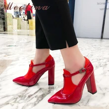 Meotina/женские туфли-лодочки на высоком каблуке туфли из лакированной кожи на высоком толстом каблуке с Т-образным ремешком красные свадебные туфли с острым носком и пряжкой женские размеры 34-43