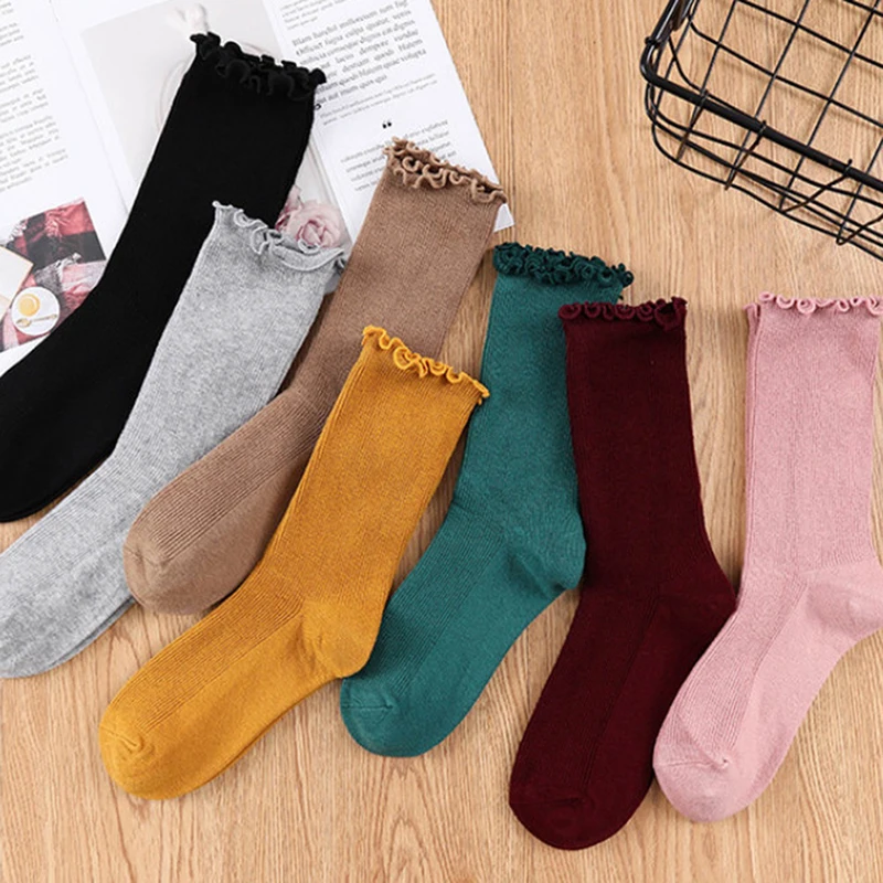 1Pair Pure Color Cotton Lace Ruffles Women Socks Lovely Frilly Edge Princess Girls Socks Spring Summer Autumn Socks 8 Colors