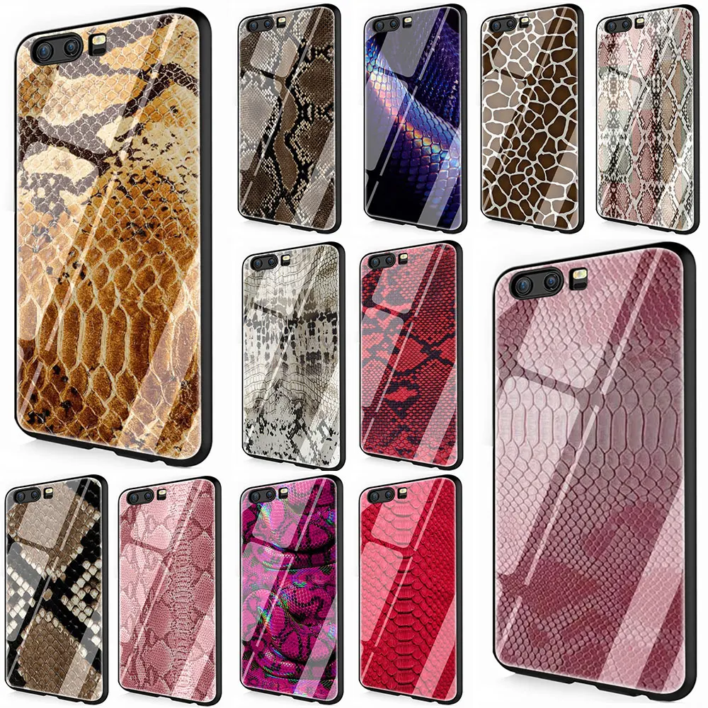 

python yellow gold Snake skin Tempered Glass Phone Cover Case For Huawei Mate P 10 20 30 Lite Pro Y9 Honor 8X 7A