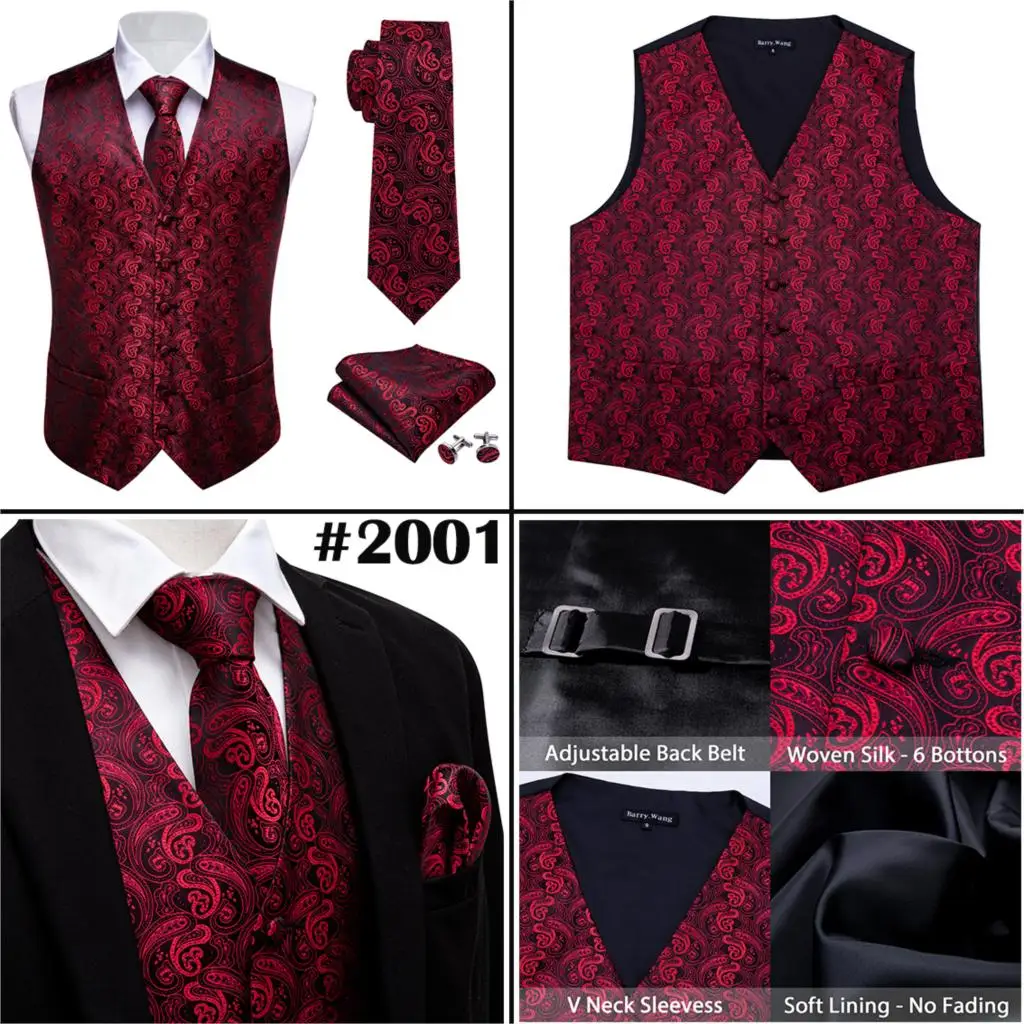 blazer for men wedding Designer Mens Classic Black Paisley Jacquard Folral Silk Waistcoat Vests Handkerchief Tie Vest Suit Pocket Square Set Barry.Wang casual blazer