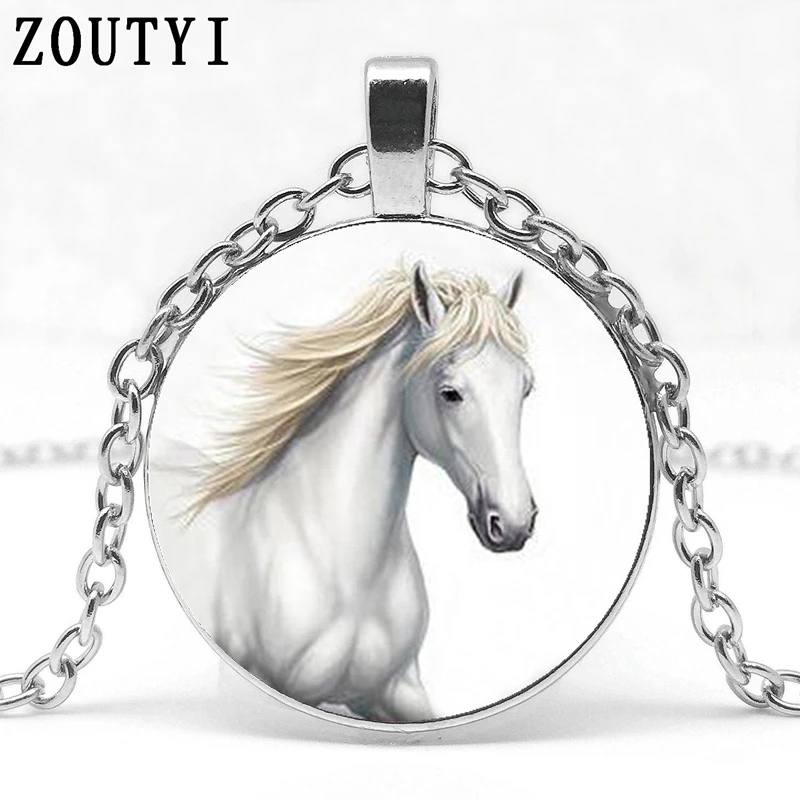 

2019 / new hot sale white horse totem pattern concave glass pendant necklace, fashion gift necklace. wholesale