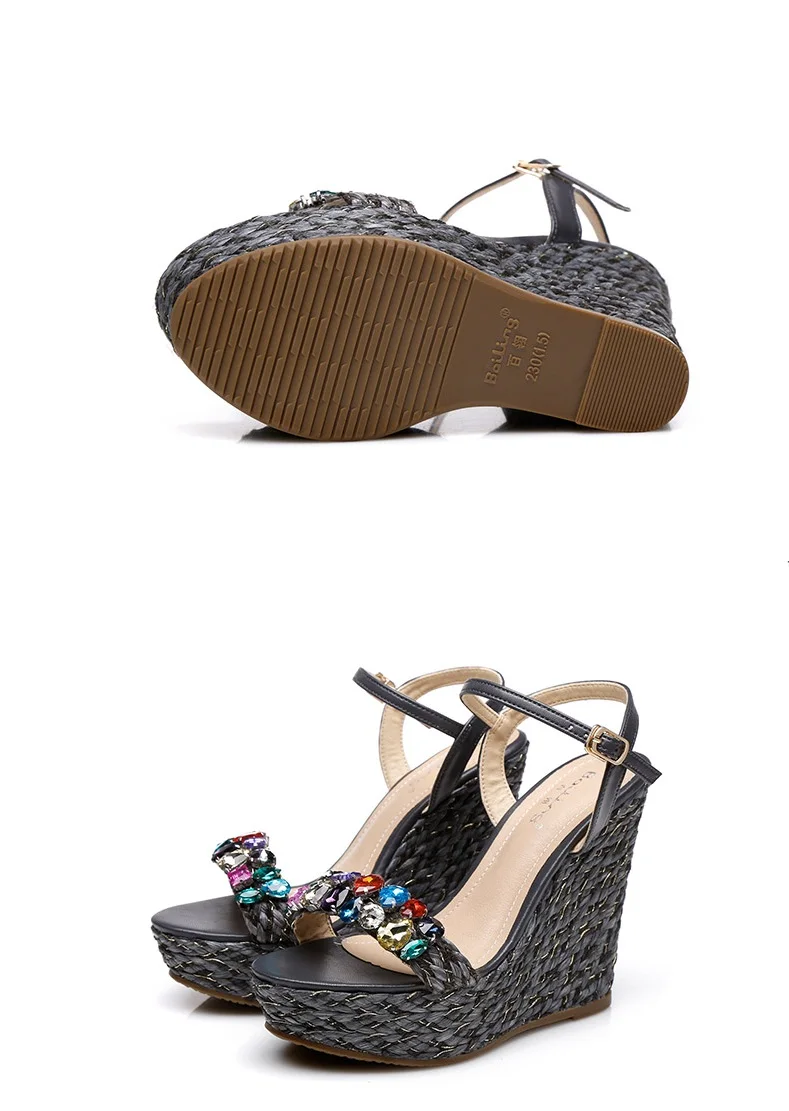 22_Summer Womens Black Buckle Sandals Fashion Elegant Silver Rhinestone Shoes Wedding Bridal High Heel Platform Wedges