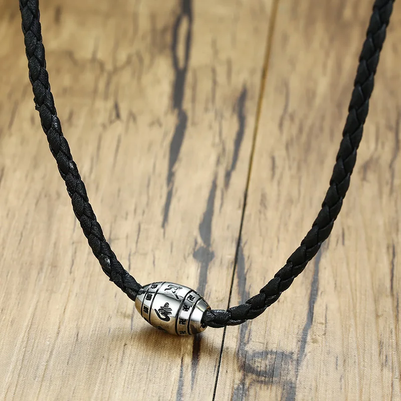 

Oriental Religion Amulet Pendant Necklace Men Buddhist Om Mani Padme Hum Leather Chain Lucky Gift