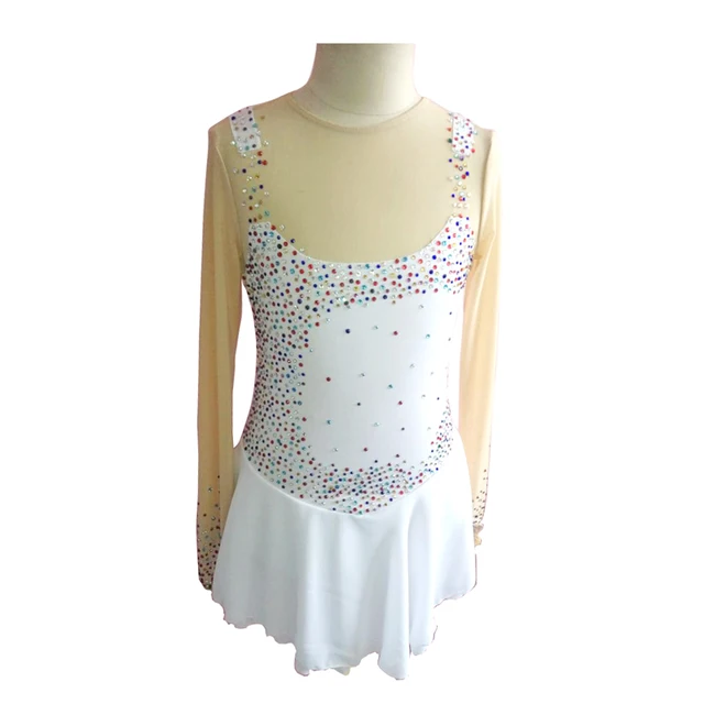 Best price at $108 Cheap Customized Costume Ice Skating Figure Skating Dress Gymnastics Adult Girl Skirt Competition White Rhinestone Competition