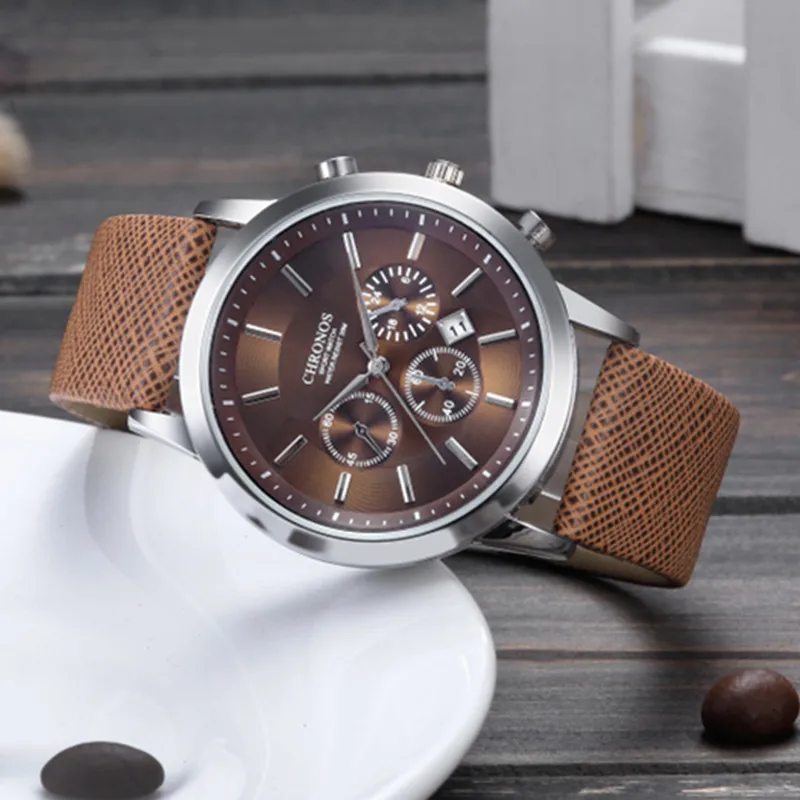 CHRONOS Men's Watch Top Brand Luxury Sport Watch Men Watch Leather Strap Calendar Watches Men Leather Band Clock erkek kol saati