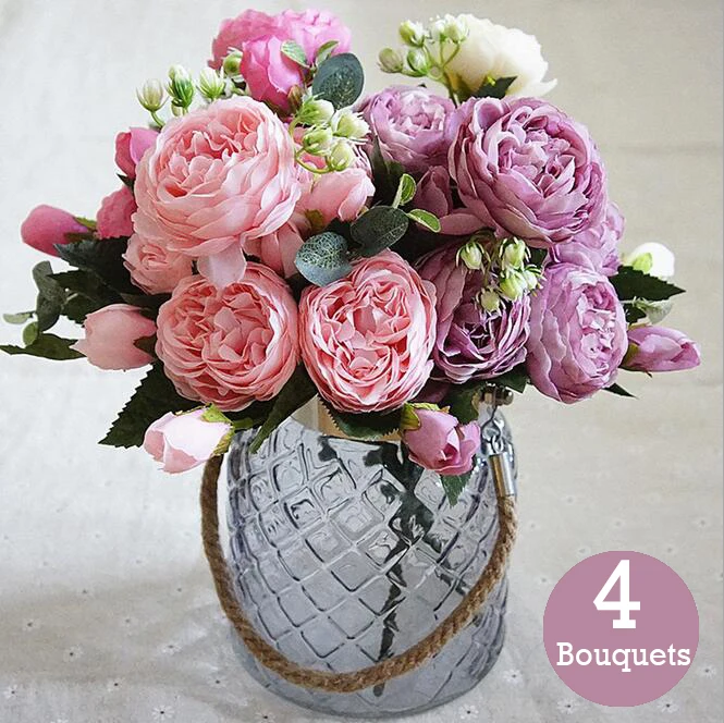 

HOME GIFTS 4 Bunches Artificial Flowers Fake Vintage Ivory Peony Rose Flowers Bouquet Kitchen Garden Wedding Floral Decor