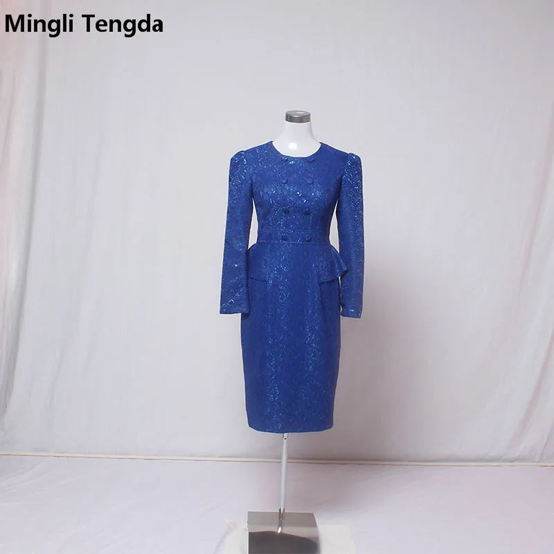

Mingli Tengda Blue Full Vintage Lace Mother of the Bride Dresses Custom Made O Neck Long Sleeve Vintage Women Party Dress