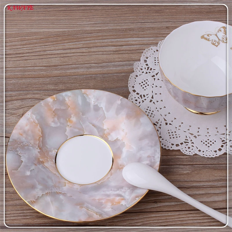 1 Set Creative Hand-drawn Ceramic Coffee Cup With Saucer European Style Coffee Cup Marble Pattern Ceramic Milk Cup 6ZDZ486