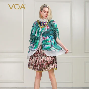 

VOA Silk Georgette Sweet Dress Women Midi Dresses Plus Size 5XL Loose Vintage Chinese Floral Print Bat Half Sleeve Summer A555