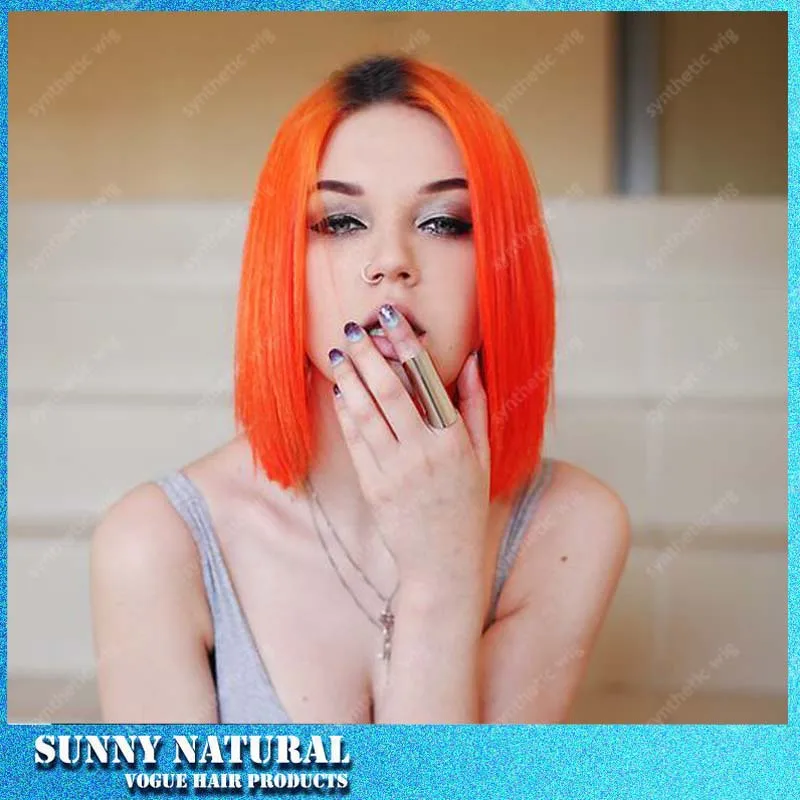 Synthetic Hair Short Bob Straight Orange Bob Wig Ombre Lace Front
