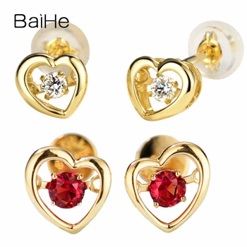 

BAIHE Solid 14K Yellow Gold 0.10ct Round Natural Diamonds серьги Trendy Fine Jewelry Diamond/Ruby Heart Stud Earrings for Women