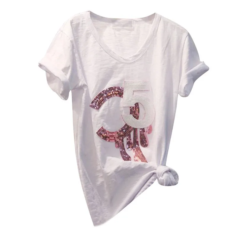 

2019 Women Casual White T Shirt Short Sleeve Club Sequined T-shirt Fashion Top Tee Femme Lady Clothes