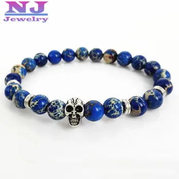 

2015 High Grade Mens Jewelry Retail 8mm Blue Sea Sediment Stone Bead with Antique Silver Skull Bracelets Mens Gift Yoga Bracelet