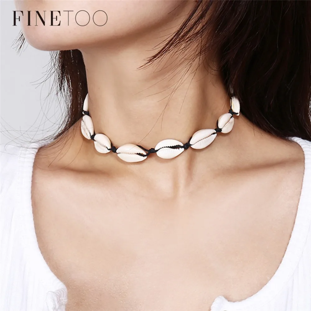 

FineToo Handmade Braided Hemp Macrame Shell Choker Bohemian Beach Necklace Statement Necklaces for Women Collier Femme