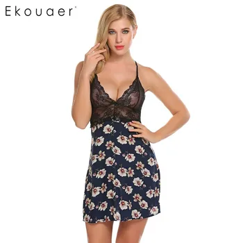 

Ekouaer Women Sleep Drsss Lace Patchwork Spaghetti Strap Nighties Sleepwear Dress Sleeveless Home Dress Spring Summer 2018 New
