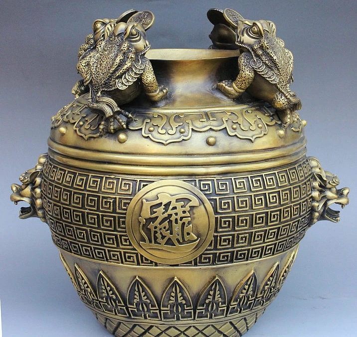 

17" Old China FengShui Bronze Yellow Wealth 4 Toad Beast Head Pot Jar Crock