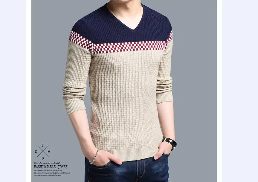 Фирменная Новинка свитера Для мужчин модные Стиль осень лоскутное плед трикотажный пуловер свитер v-образным вырезом тонкий джемперы