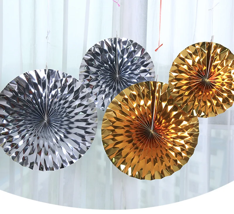 4 sets (24pcs) Foil Gold/Silver Paper Fans Golden Paper Rosettes First