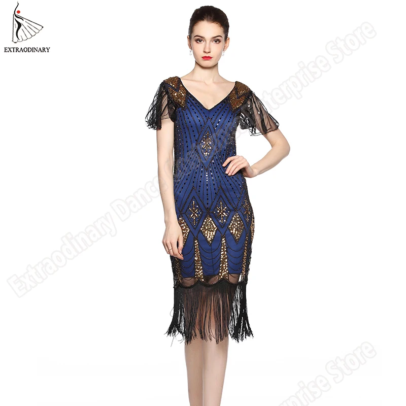 Günstige Great Gatsby Kleid Frauen 1920 s Vintage Pailletten Art Deco Doppel Flapper Kleider Vintage V ausschnitt Party Kleid Verziert Mit Fransen