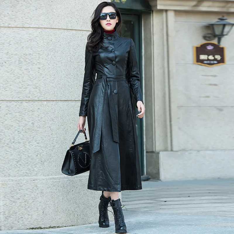 Весенне-осенние модные брендовые женские однобортные Длинные куртки кожаный длинный Тренч приталенная одежда с поясом больших размеров