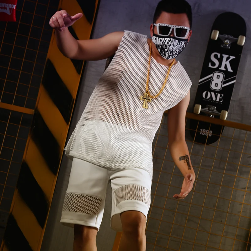 

Dancer Singer Stage Wear Clothing Custom Made Men Fashion Casual Mesh Tank Tops Sets (tee+shorts) Male Hip Hop T-shirt