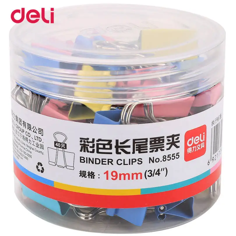 40Pcs/Set Deli Paper Clip Metal Office Binder Clips 19mm 8555 Paper Clips School Office Supplies 4 Colors Normal Metal Clips