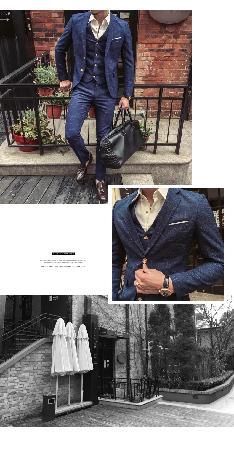 Пиджак+ жилет+ брюки) мужской свадебный костюм, мужские блейзеры, приталенные костюмы для мужчин, деловой вечерний классический черный/серый/темно-синий