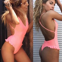 Однотонный женский цельный купальник с открытой спиной, кружевной розовый купальник с оборками и юбкой пуш-ап, женская одежда с высокой талией, Maillot De Bain, BKCS17