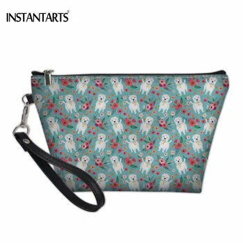 

INSTANTARTS Fashion Woman PU Leather Makeup Bags Cute Puppy Westie Flower Printed Lady Pouch Cosmetic Cases Korean Toiletry Bags