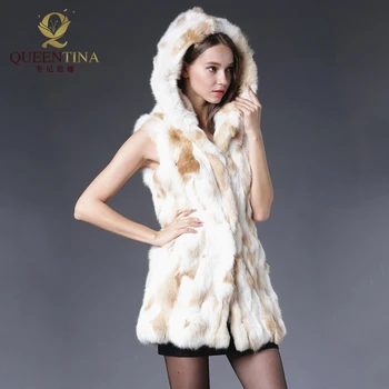 

New Genuine Rabbit Fur Vest Hooded Winter Warm Rabbit Fur Waistcoat Lady Natural Real Fur Vest Female Long Jacket Coat with Hood