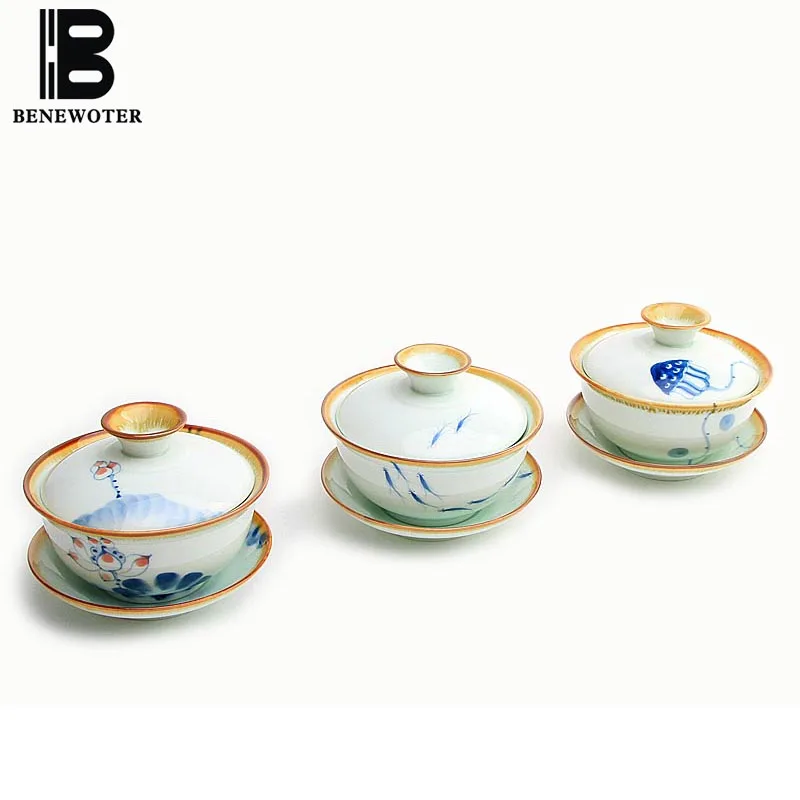

120ml Chinese Handpainted Lotus Fish Jingdezhen Ceramic Porcelain Gaiwan Kung Fu Tea Set Tea Cup (with Lid Saucer ) Drinkware