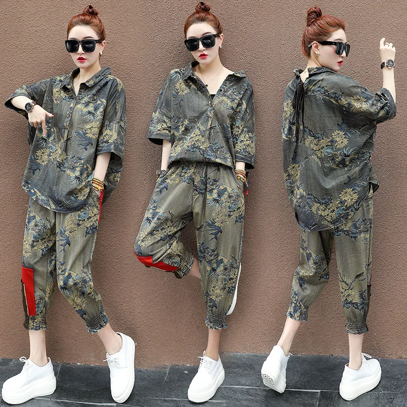 Women Summer Tracksuits Fashion Vintage Floral Print Half Sleeve Casual Loose T-shirt and Harem Capri Pants 2 Piece Sets Outfits