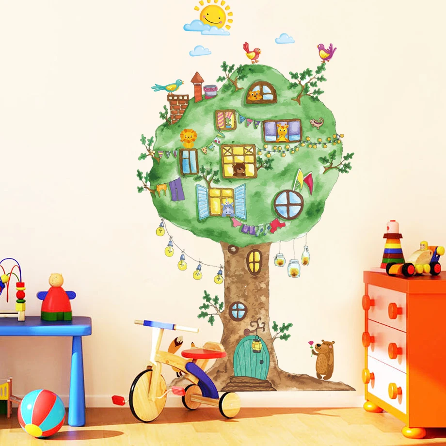 Kartun Hewan Rumah Pohon Kamar Anak Anak Dekoratif Stiker Dinding Tk Kartun Hewan Rumah Pohon Kamar Anak Anak Dekoratif Stiker Dinding Tk