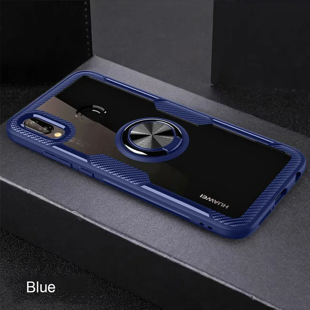 Прозрачный Магнитный чехол для телефона huawei P20 P30 mate 9 10 20 Pro Lite для Honor 7X 8X Max автомобильный Магнитный чехол с кольцом-держателем - Цвет: Blue