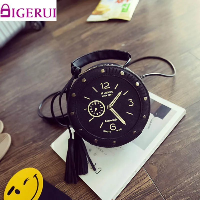 

New Wave Female Bag Clock Small Round Bag Tassel Single Shoulder Messenger Bag Ladies Fashion Mini Bag
