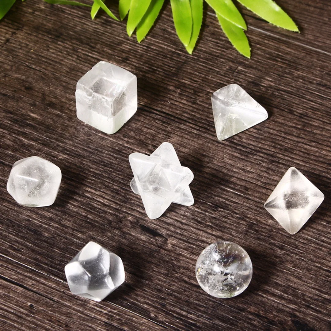 

7pcs Clear Quartz Crystal Gem Stones Platonic Solids Sacred Geometric Healing Reiki Stone Carved Crafts Jewelry Making 18-25 mm