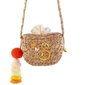 

New Women Straw Handbag Vacation Handmade Beach Woven Bag Hair Ball Tassel Semi-Circular Tote Bag Seaside Tourism Holiday