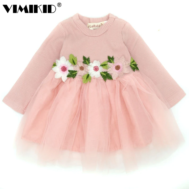 

VIMIKID Baby autumn/winter 2017 waist flower princess splicing bubble net veil knitting long-sleeved dress a undertakes