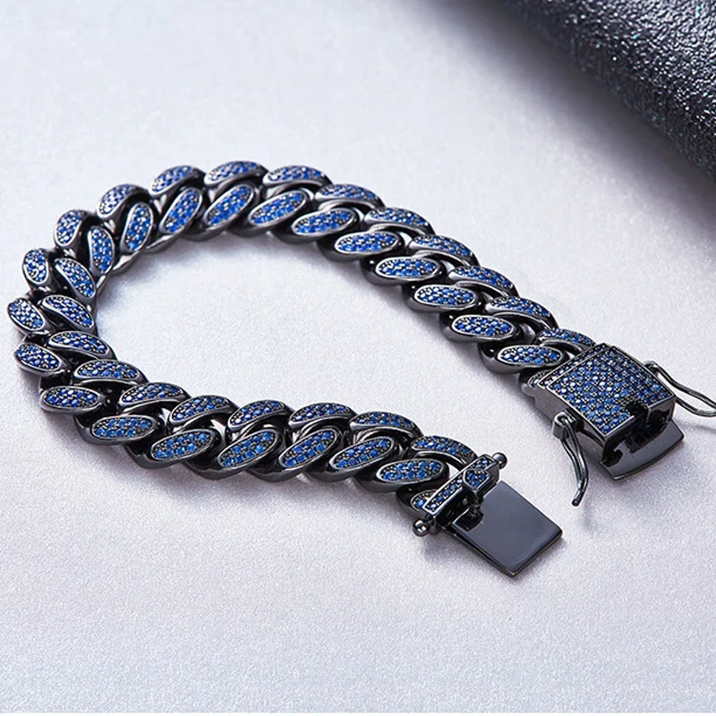 Хип-хоп черный синий CZ камень проложили Bling Iced Out кубинская цепочка браслет браслеты для мужчин рэппер ювелирные изделия "-9"