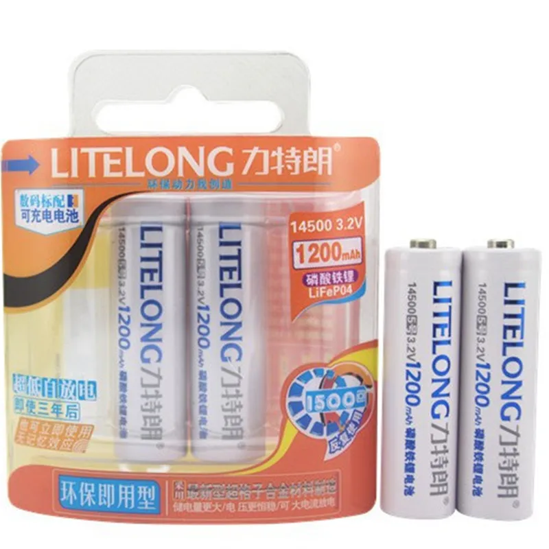 

2PCS AA 1200mah 14500 3.2v lifepo4 Rechargeable Battery New High Capacity LITELONG