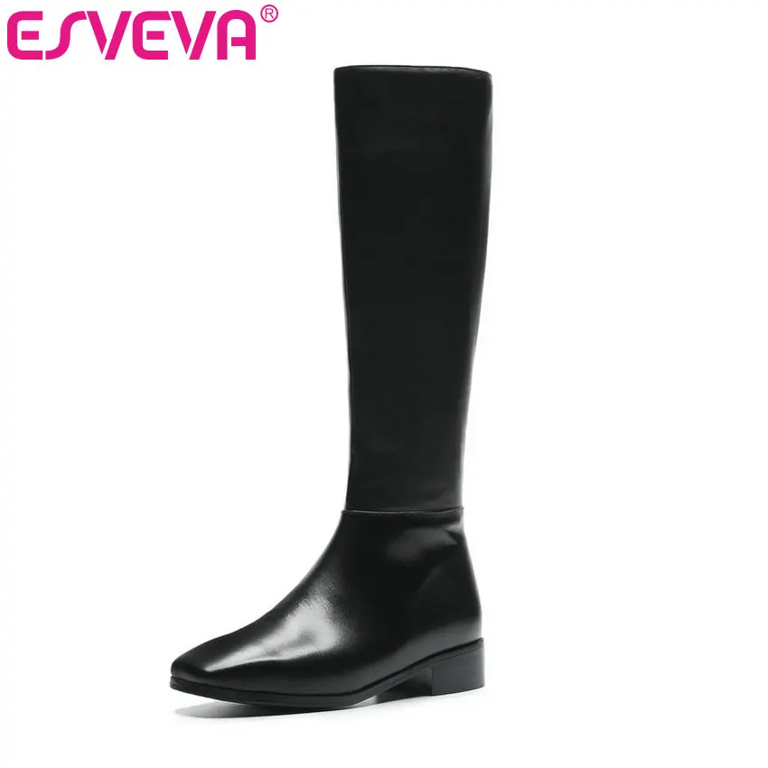 

ESVEVA 2020 Shoes Women Knee-high Boots Square Low Heel Zipper Round Toe 3/4.5cm Winter Boots Shoes Size 34-43 Winter Boots