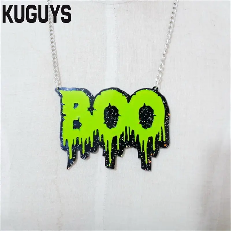 

KUGUYS Fashion Jewelry Custom Women Acrylic Letter "BOO" Pendant Necklace Sweater Link Chain Trendy Lovely Necklaces